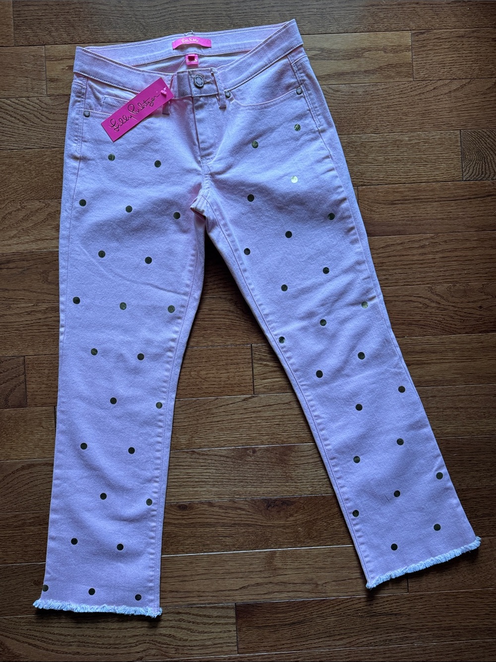 Lilly Pulitzer Pastel Pink Jeans with Gold Polka Dots